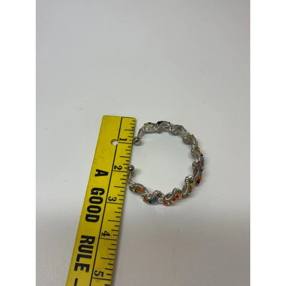 Vintage Silver Tone Wire Wrap Cuff Bracelet Multi Color Seed Beads Industrial